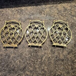 3 Vintage Brass Owl Trivet Fat Owl With Feathers Fall Halloween Autumn Decor